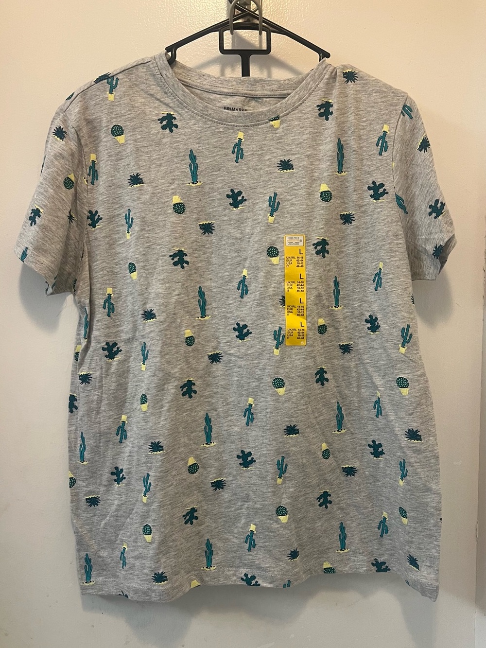 Primark Gray Tee with Teal and Yellow Cactus Print